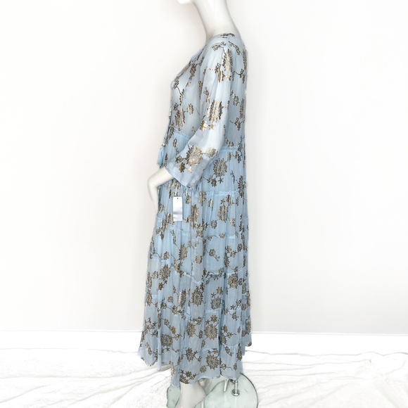 NWT | Sunny Studio French Designer Cotton Tiered Maxi Summer Dress Sky Blue Gold - Picture 7 of 14